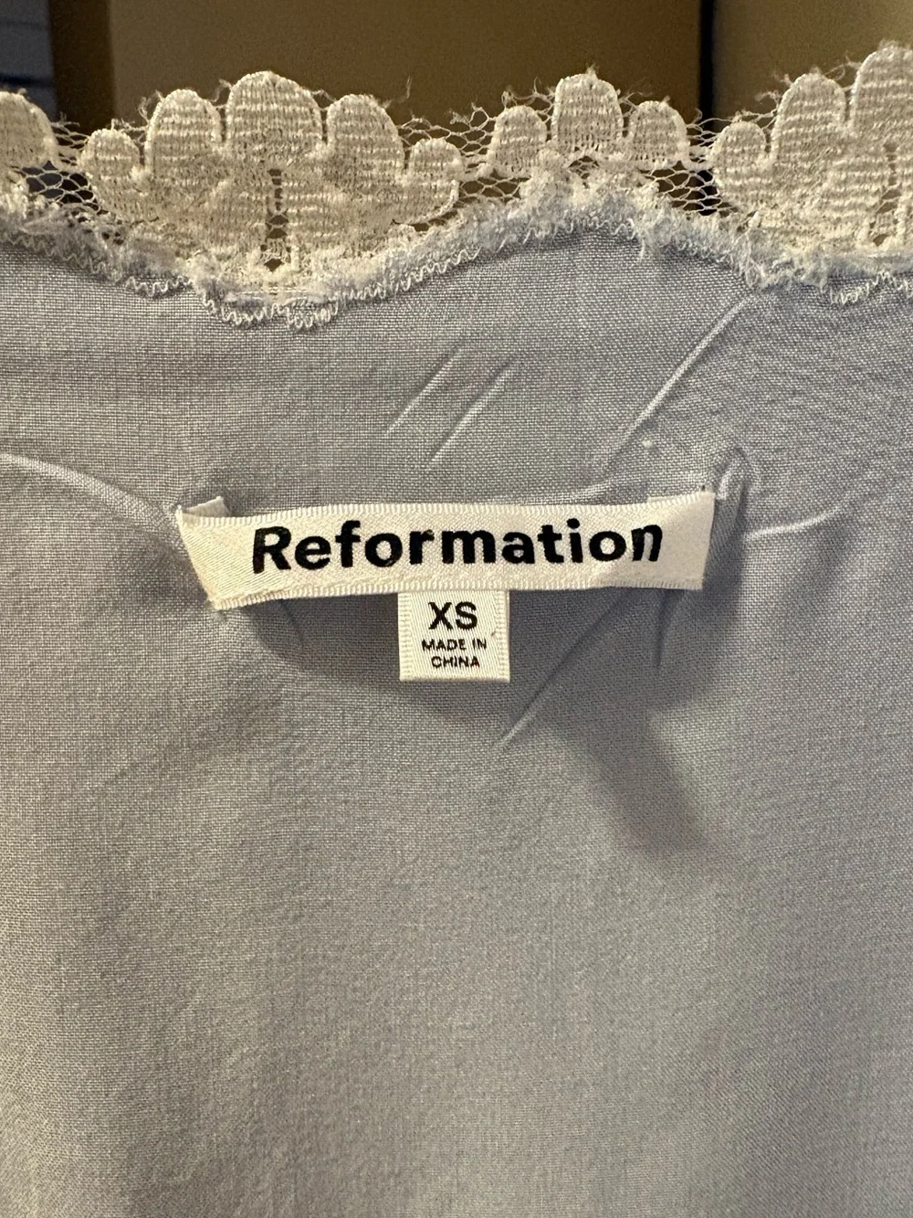 Reformation Margot Lace Trim Striped Cropped Blouse Top Blue White XS